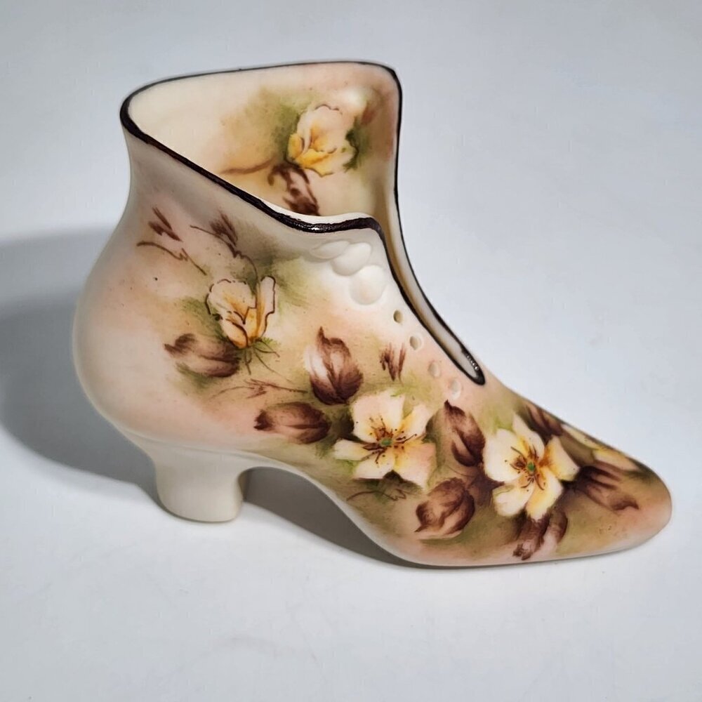 Vintage Ceramic Boot Vase With Hand Painted Floral Design Matt Finish